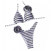 Black & White Striped Rose Spaghetti Strap 2 Piece Triangle Bikini Set